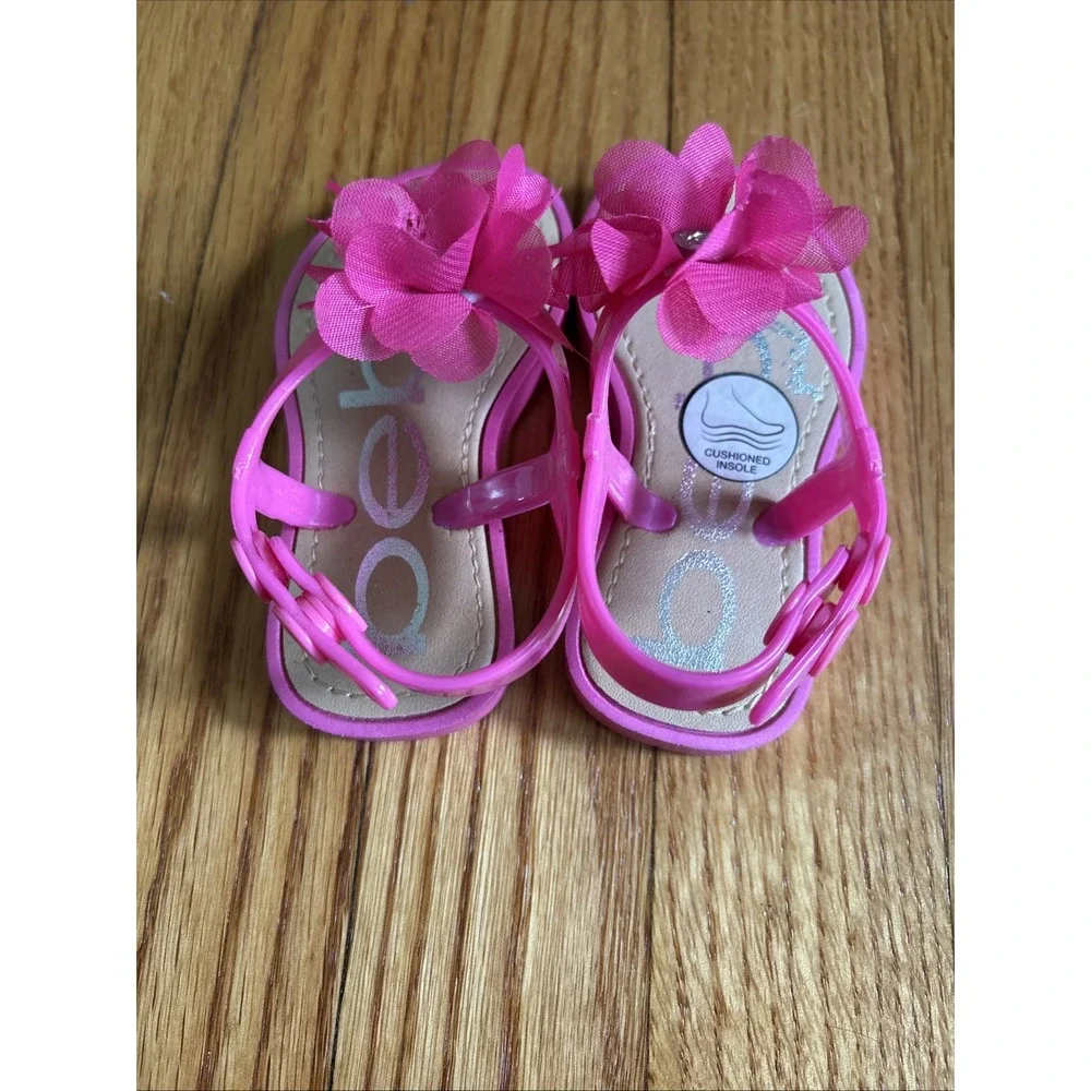 Bebe GIRLS S 5-6 Pink Plastic‎ Flower Summer Beach Strap Sandals Flats